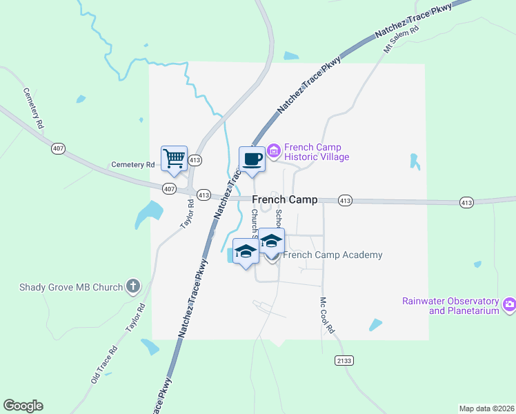 map of restaurants, bars, coffee shops, grocery stores, and more near Church Street in French Camp