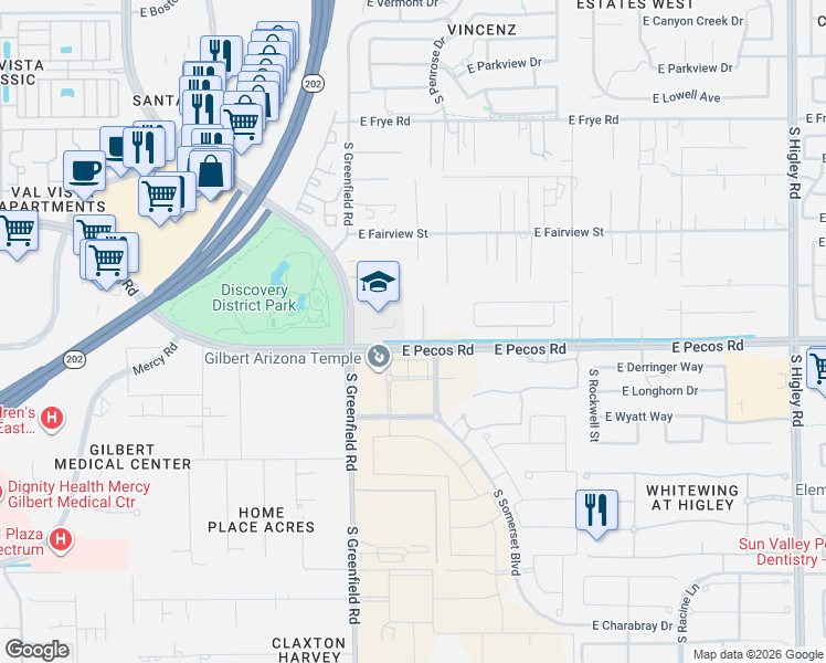 map of restaurants, bars, coffee shops, grocery stores, and more near 3182 South Penrose Court in Gilbert