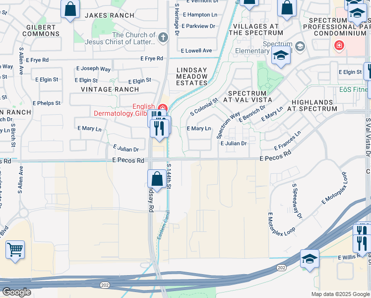 map of restaurants, bars, coffee shops, grocery stores, and more near 881 East Frances Lane in Gilbert