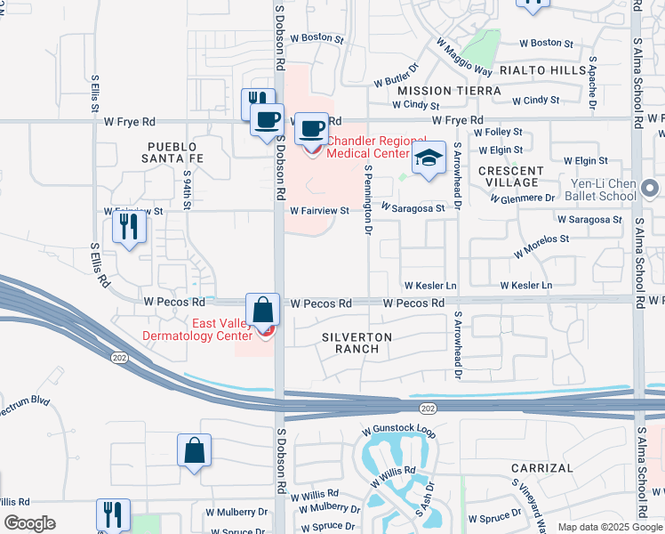 map of restaurants, bars, coffee shops, grocery stores, and more near 850 South Pennington Drive in Chandler