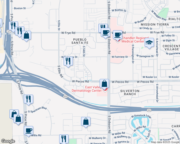 map of restaurants, bars, coffee shops, grocery stores, and more near 901 South 94th Street in Chandler