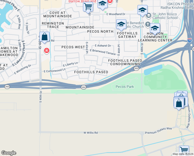 map of restaurants, bars, coffee shops, grocery stores, and more near 16842 South 44th Place in Phoenix