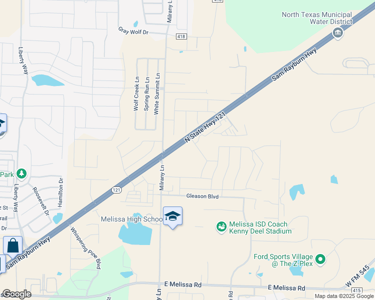map of restaurants, bars, coffee shops, grocery stores, and more near 7326 Route 121 in Melissa