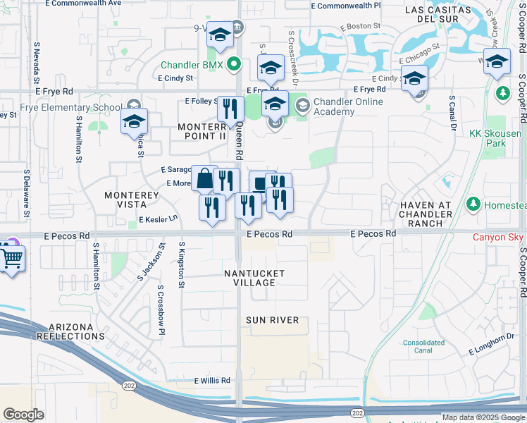 map of restaurants, bars, coffee shops, grocery stores, and more near 1050 East Pecos Road in Chandler