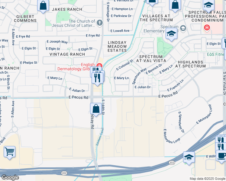 map of restaurants, bars, coffee shops, grocery stores, and more near 881 East Frances Lane in Gilbert