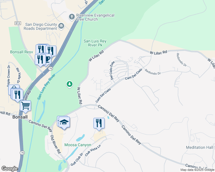 map of restaurants, bars, coffee shops, grocery stores, and more near 31908 Del Cielo Este in Bonsall