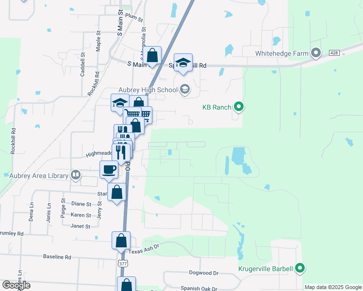map of restaurants, bars, coffee shops, grocery stores, and more near 500 Highmeadow Drive in Aubrey