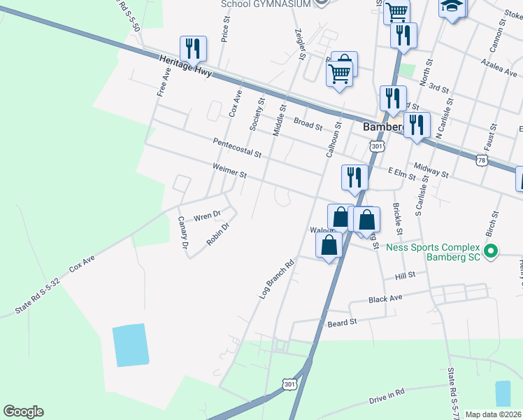 map of restaurants, bars, coffee shops, grocery stores, and more near 413 Middle Street in Bamberg