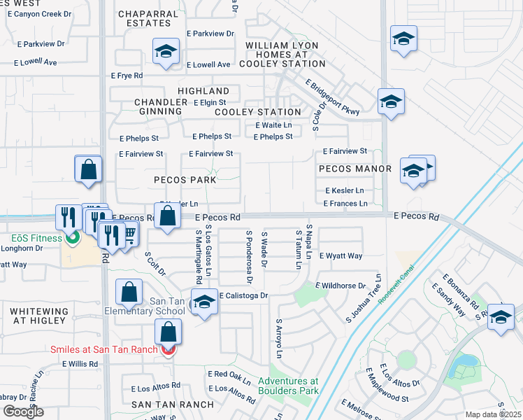 map of restaurants, bars, coffee shops, grocery stores, and more near 17230 East Pecos Road in Gilbert
