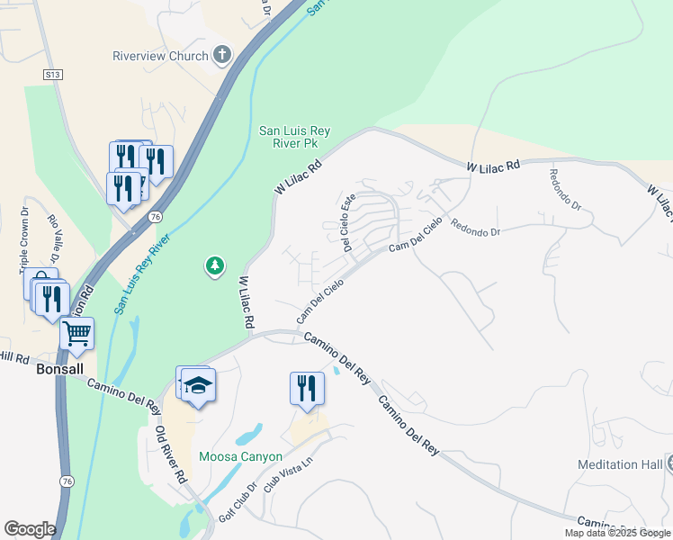 map of restaurants, bars, coffee shops, grocery stores, and more near 31908 Del Cielo Este in Bonsall