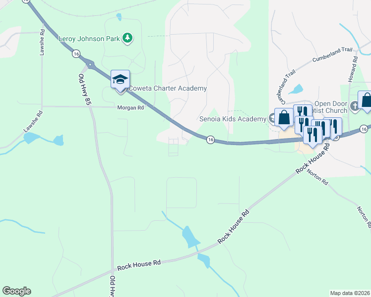 map of restaurants, bars, coffee shops, grocery stores, and more near 6895 Georgia 16 in Senoia