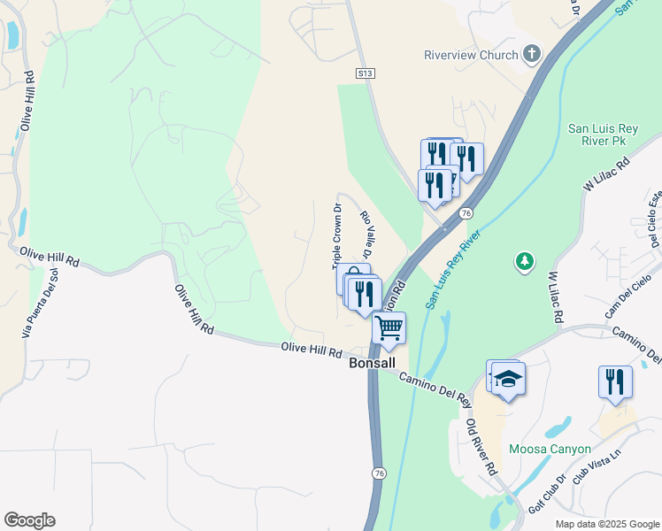 map of restaurants, bars, coffee shops, grocery stores, and more near 5359 Triple Crown Drive in Bonsall
