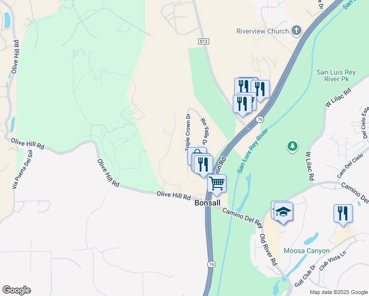 map of restaurants, bars, coffee shops, grocery stores, and more near 5359 Triple Crown Drive in Bonsall