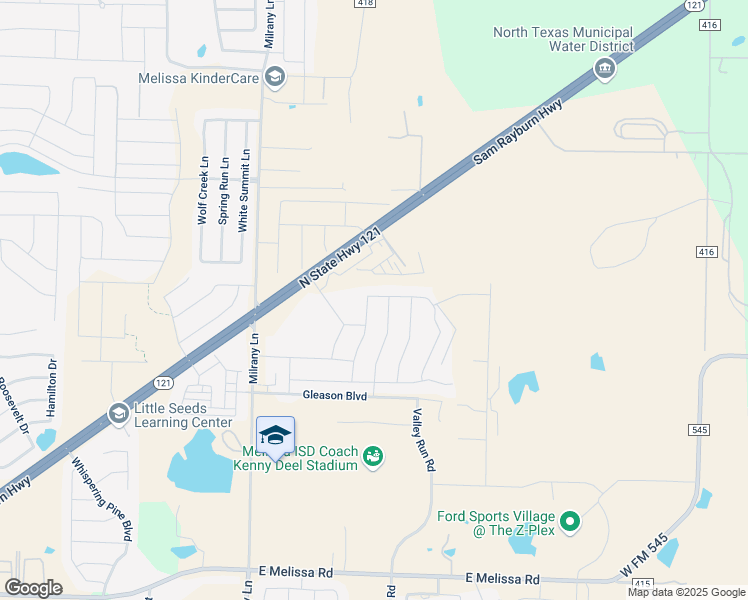 map of restaurants, bars, coffee shops, grocery stores, and more near 3510 Sam Rayburn Highway in Melissa
