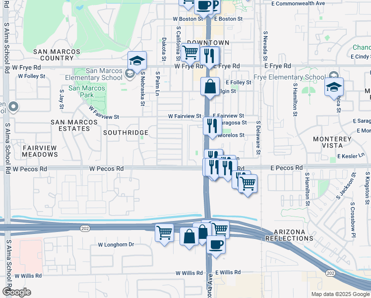 map of restaurants, bars, coffee shops, grocery stores, and more near 661 South California Street in Chandler