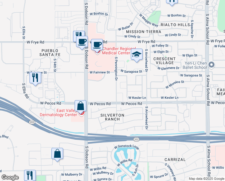 map of restaurants, bars, coffee shops, grocery stores, and more near 850 South Pennington Drive in Chandler