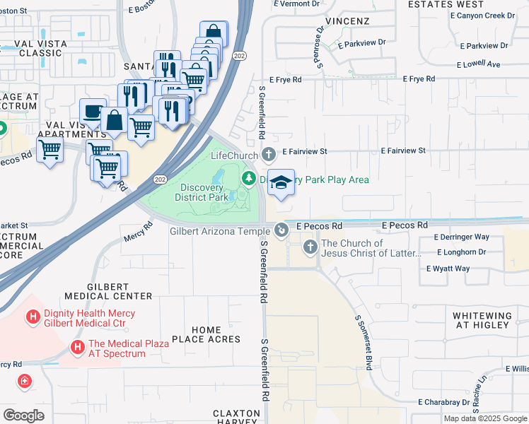 map of restaurants, bars, coffee shops, grocery stores, and more near 17019 South Greenfield Road in Gilbert