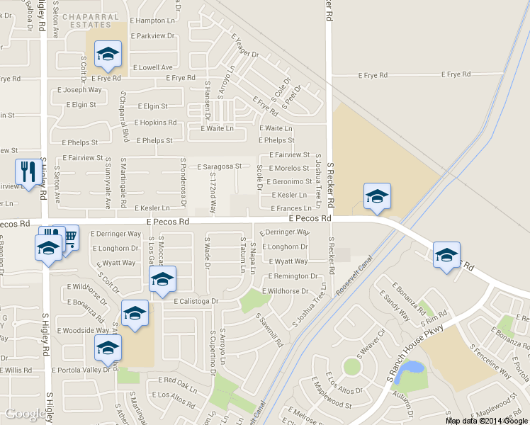 map of restaurants, bars, coffee shops, grocery stores, and more near 3817 East Frances Lane in Gilbert