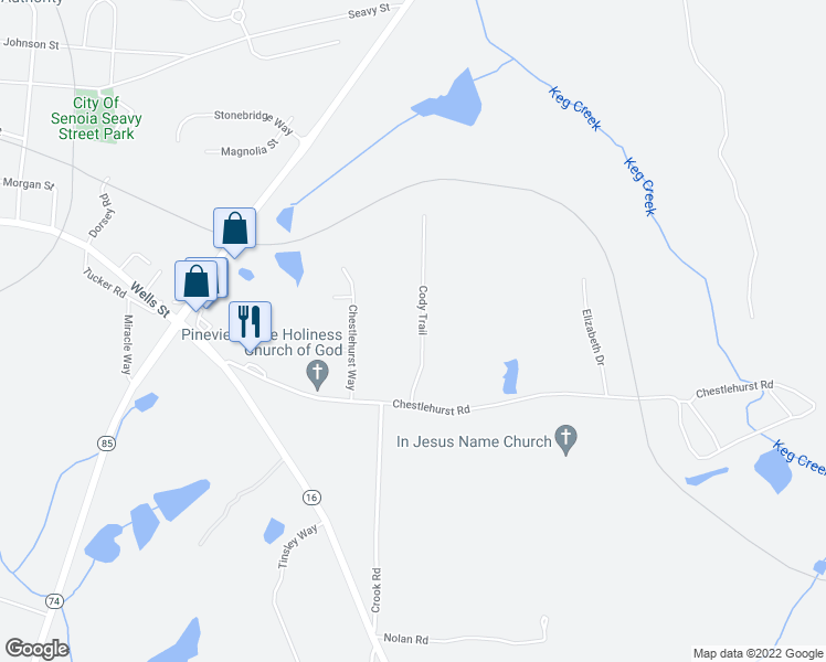 map of restaurants, bars, coffee shops, grocery stores, and more near 74 Cody Trail in Senoia