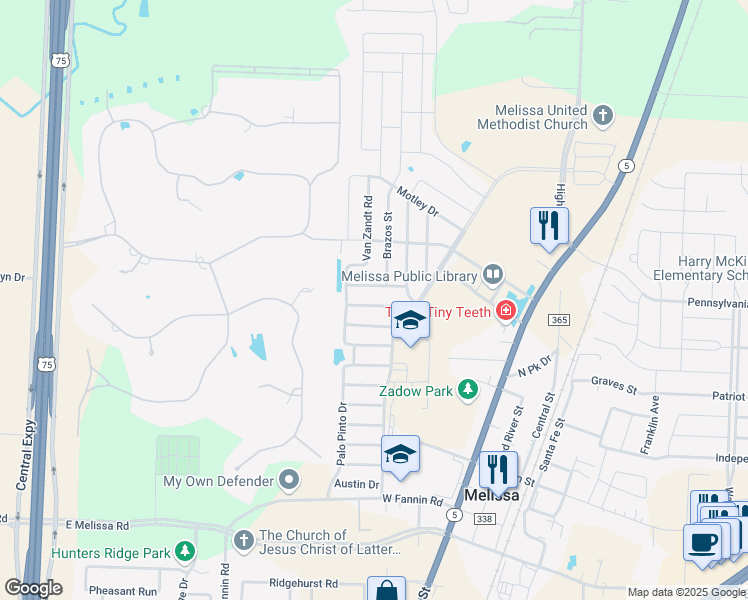map of restaurants, bars, coffee shops, grocery stores, and more near 1114 Bexar Avenue in Melissa