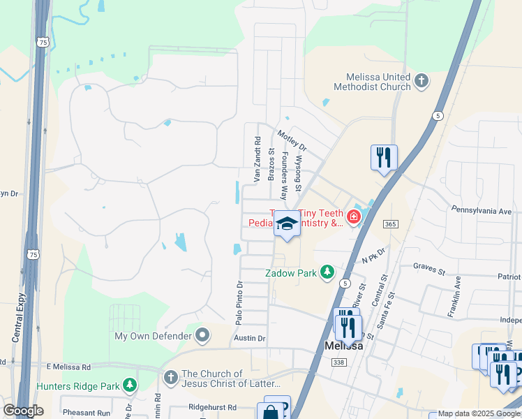 map of restaurants, bars, coffee shops, grocery stores, and more near 1117 Bexar Avenue in Melissa