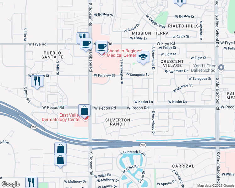 map of restaurants, bars, coffee shops, grocery stores, and more near 850 South Pennington Drive in Chandler