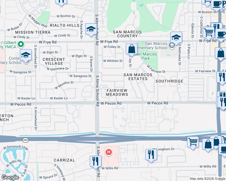 map of restaurants, bars, coffee shops, grocery stores, and more near 926 South Pleasant Drive in Chandler