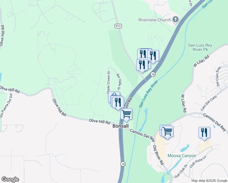 map of restaurants, bars, coffee shops, grocery stores, and more near 6075 Rio Valle Drive in Bonsall