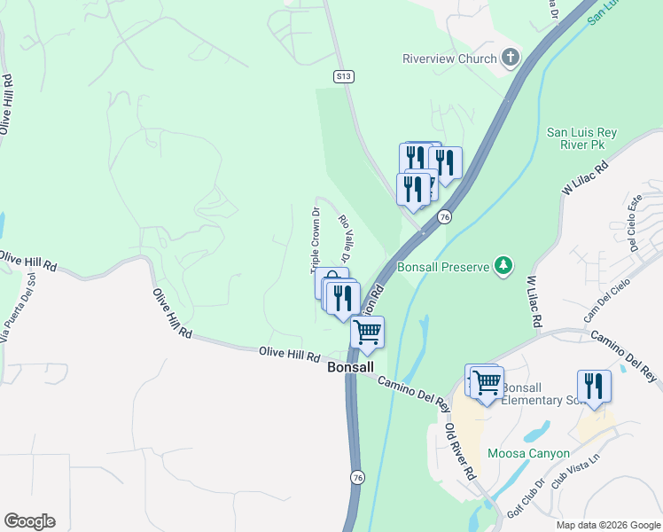 map of restaurants, bars, coffee shops, grocery stores, and more near 6059 Rio Valle Drive in Bonsall