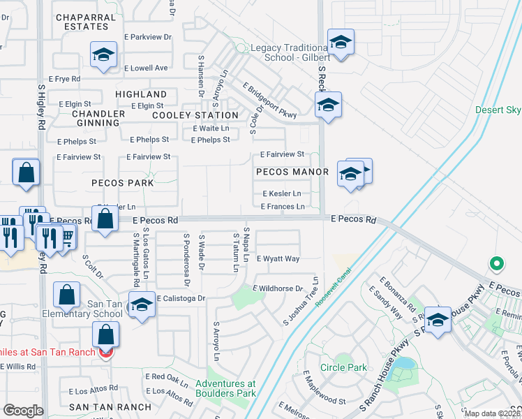 map of restaurants, bars, coffee shops, grocery stores, and more near 3814 East Derringer Way in Gilbert