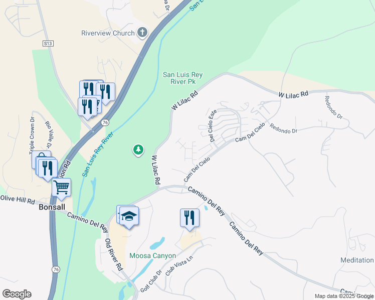 map of restaurants, bars, coffee shops, grocery stores, and more near 5452 Fairgreen Way in Bonsall
