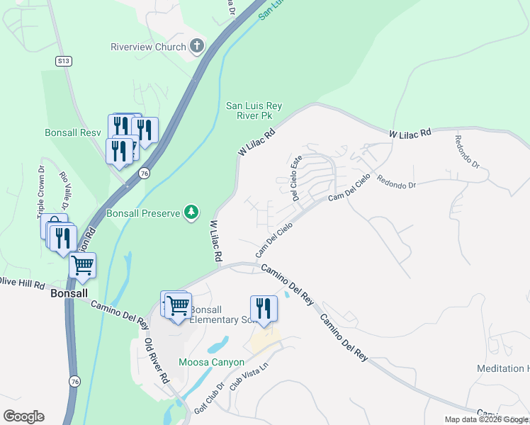 map of restaurants, bars, coffee shops, grocery stores, and more near 31908 Del Cielo Este in Bonsall