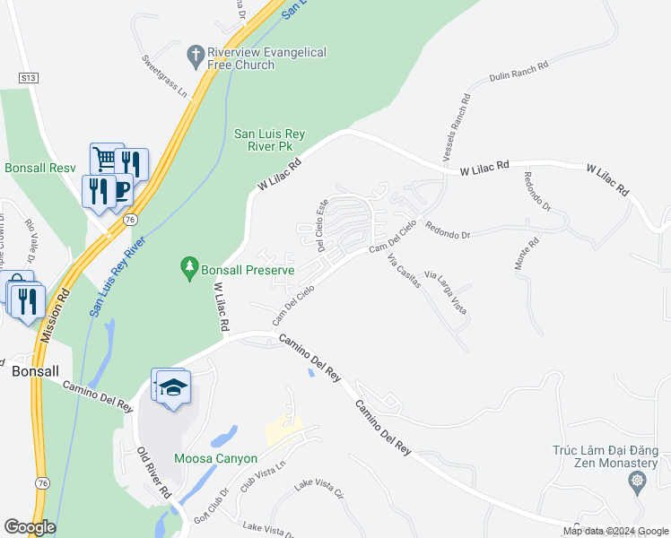 map of restaurants, bars, coffee shops, grocery stores, and more near Camino Del Cielo & Del Cielo Este in Bonsall