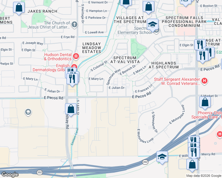 map of restaurants, bars, coffee shops, grocery stores, and more near 1017 East Julian Drive in Gilbert