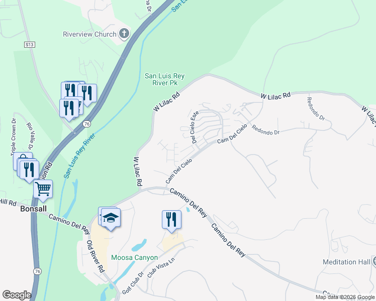 map of restaurants, bars, coffee shops, grocery stores, and more near 31908 Del Cielo Este in Bonsall