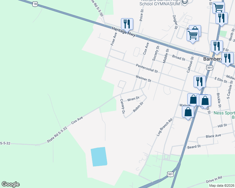 map of restaurants, bars, coffee shops, grocery stores, and more near 50 Canary Drive in Bamberg