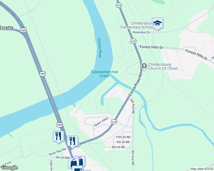 map of restaurants, bars, coffee shops, grocery stores, and more near 15 Canal Street in Childersburg