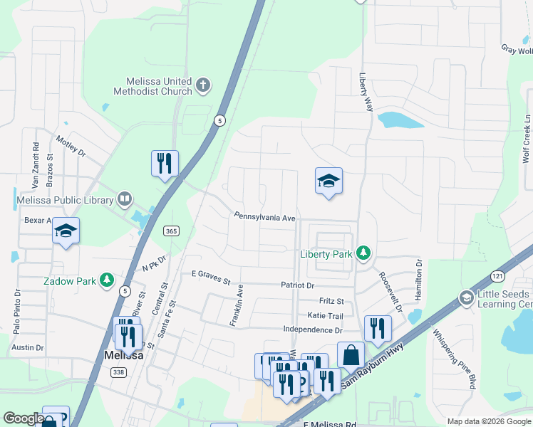 map of restaurants, bars, coffee shops, grocery stores, and more near 2305 Brittany Avenue in Melissa