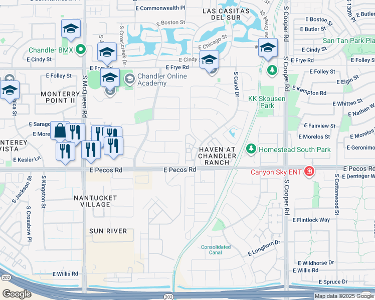 map of restaurants, bars, coffee shops, grocery stores, and more near 900 South Canal Drive in Chandler