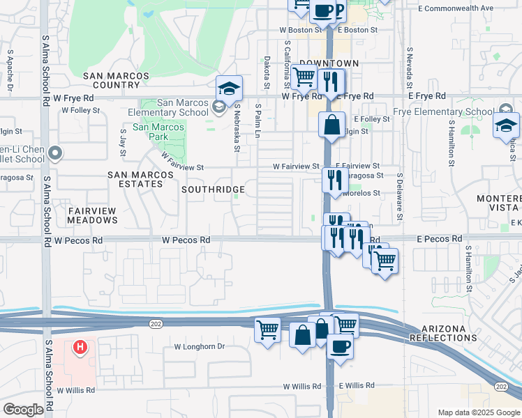 map of restaurants, bars, coffee shops, grocery stores, and more near 815 South Palm Lane in Chandler