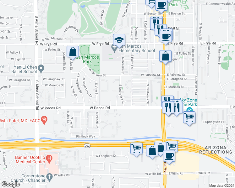 map of restaurants, bars, coffee shops, grocery stores, and more near 876 South Nebraska Street in Chandler
