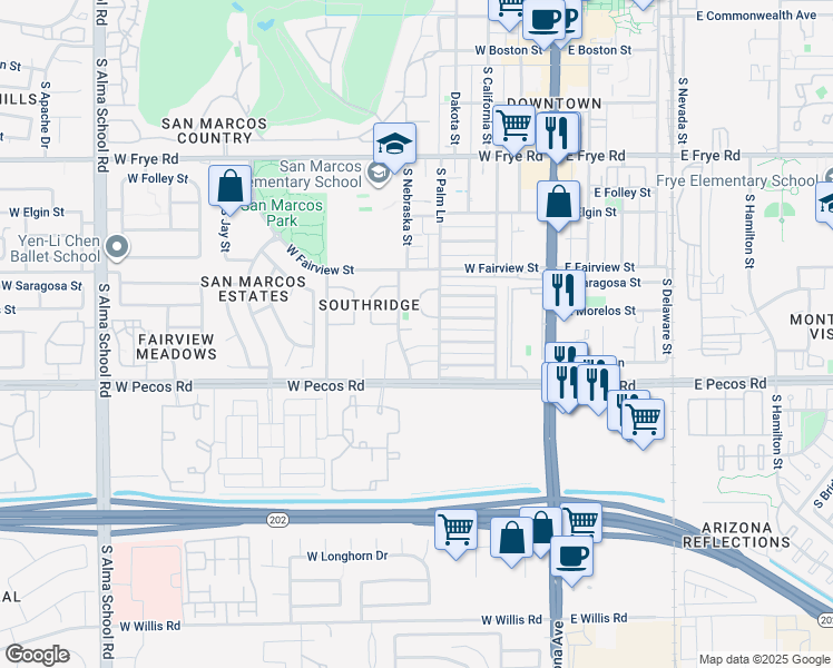 map of restaurants, bars, coffee shops, grocery stores, and more near 875 South Nebraska Street in Chandler