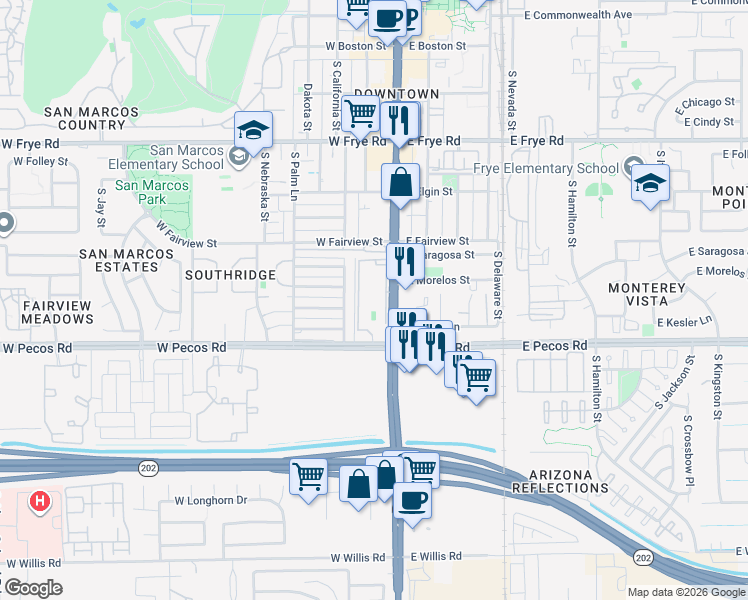 map of restaurants, bars, coffee shops, grocery stores, and more near 661 South California Street in Chandler