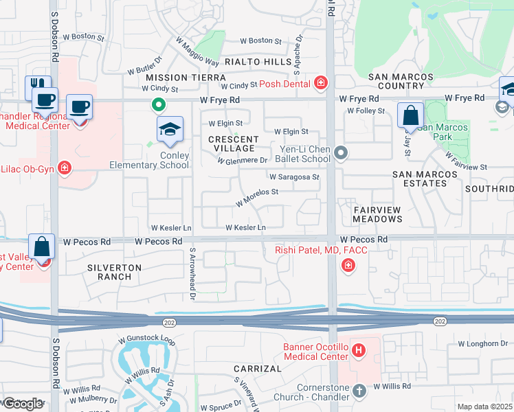 map of restaurants, bars, coffee shops, grocery stores, and more near 933 South Navajo Court in Chandler
