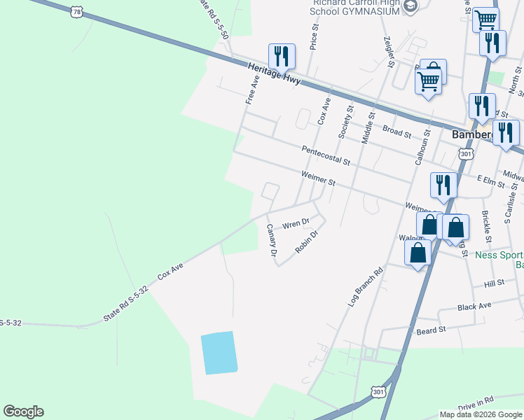 map of restaurants, bars, coffee shops, grocery stores, and more near 50 Canary Drive in Bamberg