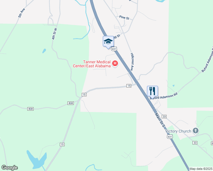 map of restaurants, bars, coffee shops, grocery stores, and more near 756 Main Street South in Wedowee