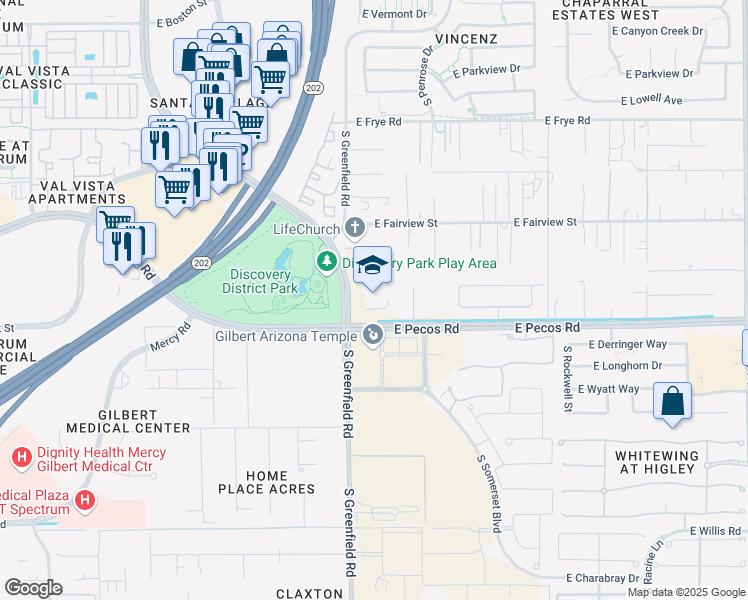 map of restaurants, bars, coffee shops, grocery stores, and more near 17019 South Greenfield Road in Gilbert