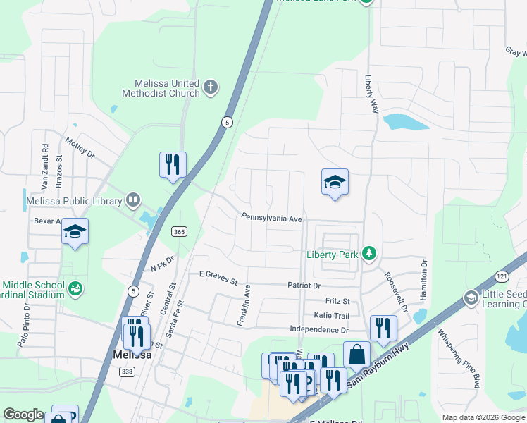 map of restaurants, bars, coffee shops, grocery stores, and more near 3417 Charleston Drive in Melissa