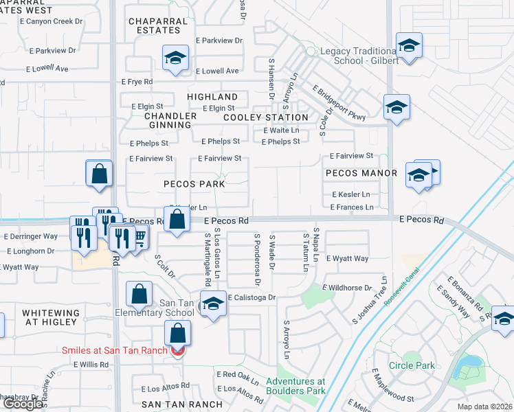 map of restaurants, bars, coffee shops, grocery stores, and more near 3584 East Derringer Way in Gilbert