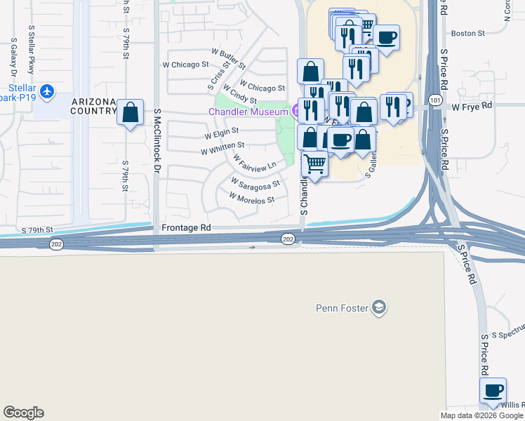 map of restaurants, bars, coffee shops, grocery stores, and more near 3624 West Morelos Street in Chandler